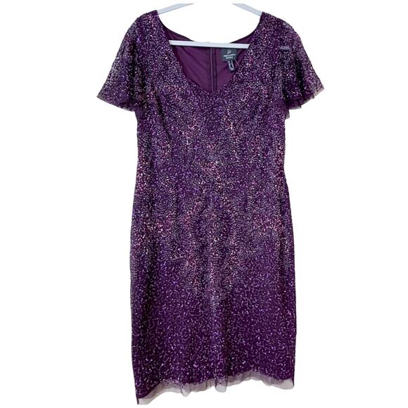 Adrianna Papell Flutter Sleeve Beaded Sequin Dress 14 NYE Glam Cocktail Coquette - Picture 3 of 11